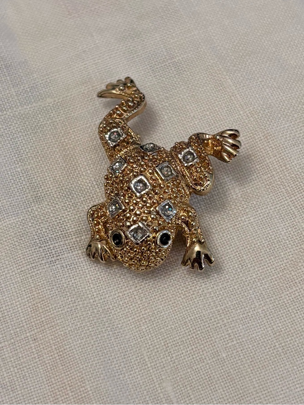 Gold Toned Frog Brooch & Pendant with Clear Rhinestones